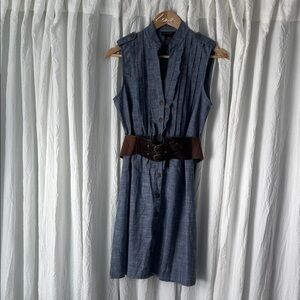 B. Smart Sleeveless Chambray Midi Dress in Denim Blue with Brown Belt